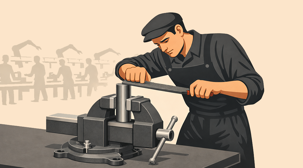 рабочий работает напильником